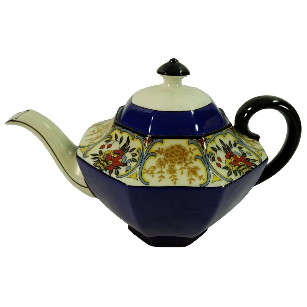 Schumann Bavaria Hexagonal Teapot Cobalt Blue Floral Gold Trim Vintage Germany